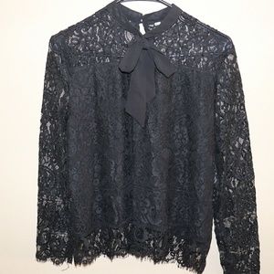 Tie Neck Eyelash Lace Blouse